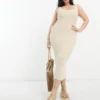 ASOS DESIGN Curve - Vestito Midi In Maglia Color Pietra Con Scollo Squadrato
