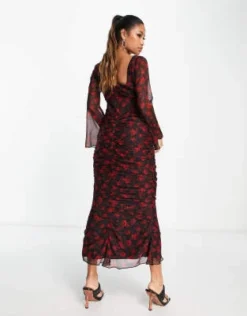 ASOS DESIGN - Vestito Milkmaid Midi Nero E Rosso A Fiori Con Dettagli Arricciati E Maniche Svasate -Vendite ASOS Maternity || RIVER ISLAND || Monki 203910021 3