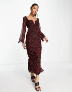 ASOS DESIGN - Vestito Milkmaid Midi Nero E Rosso A Fiori Con Dettagli Arricciati E Maniche Svasate -Vendite ASOS Maternity || RIVER ISLAND || Monki 203910021 4