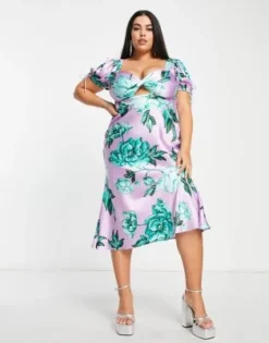 ASOS DESIGN Curve - Vestito Da Giorno Midi In Raso Lilla E Verde A Fiori Con Incrocio Sul Davanti