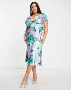 ASOS DESIGN Curve - Vestito Da Giorno Midi In Raso Lilla E Verde A Fiori Con Incrocio Sul Davanti -Vendite ASOS Maternity || RIVER ISLAND || Monki 203910088 4