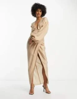 ASOS DESIGN Tall - Vestito Con Gonna Al Polpaccio E Scollo Profondo Color Pietra Slavato Con Drappeggio -Vendite ASOS Maternity || RIVER ISLAND || Monki 203910353 4