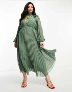 ASOS DESIGN Curve - Vestito Lungo A Pieghe Color Kaki Ricamato Con Inserto In Pizzo