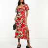 Miss Selfridge Petite - Vestito Midi Arricciato Con Scollo A Cuore E Stampa Zebrata E Floreale