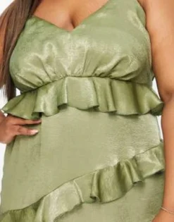 Flounce London Plus - Vestito Lungo Con Spalline Sottili E Volant In Raso Kaki -Vendite ASOS Maternity || RIVER ISLAND || Monki 203929220 3