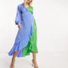 Flounce London Maternity - Vestito Lungo Blu E Verde A Contrasto Con Maniche A Palloncino E Volant