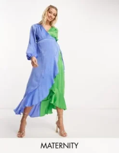 Flounce London Maternity - Vestito Lungo Blu E Verde A Contrasto Con Maniche A Palloncino E Volant