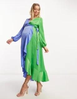 Flounce London Maternity - Vestito Lungo Blu E Verde A Contrasto Con Maniche A Palloncino E Volant -Vendite ASOS Maternity || RIVER ISLAND || Monki 203931945 4