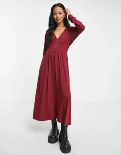 ASOS DESIGN - Vestito Midi Da Giorno A Maniche Lunghe Bordeaux Con Bottoni