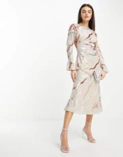 ASOS DESIGN - Vestito Midi Con Decorazioni, Maniche Svasate E Motivo A Onde