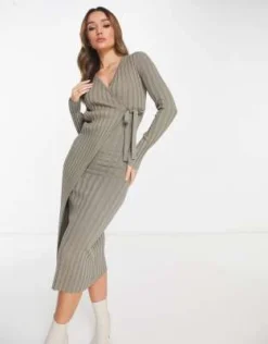 Pretty Lavish - Vestito Midi A Portafoglio Plissé In Maglia Color Tortora A Coste -Vendite ASOS Maternity || RIVER ISLAND || Monki 203941609 4