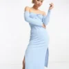 Rebellious Fashion - Vestito Midi In Maglia Blu Con Spalle Scoperte E Spacco Sulla Coscia