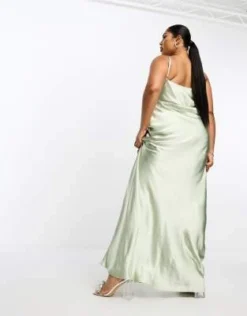 Pretty Lavish Curve - Keisha - Vestito Lungo Da Damigella In Raso Verde Salvia Con Scollo Ad Anello -Vendite ASOS Maternity || RIVER ISLAND || Monki 203943223 3