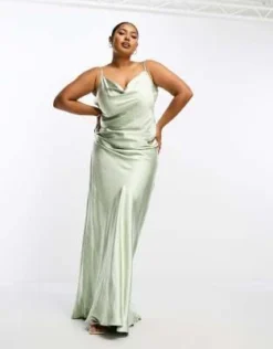 Pretty Lavish Curve - Keisha - Vestito Lungo Da Damigella In Raso Verde Salvia Con Scollo Ad Anello -Vendite ASOS Maternity || RIVER ISLAND || Monki 203943223 4