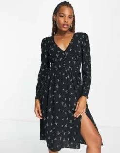 Monki - Vestito Midi Nero A Fiori Con Bottoni