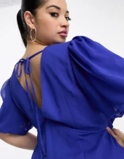 ASOS DESIGN Curve - Vestito Midi Con Scollo A V E Maniche Con Volant In Chiffon Color Cobalto Con Orlo Godet -Vendite ASOS Maternity || RIVER ISLAND || Monki 203961032 3