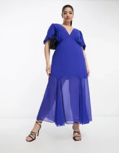 ASOS DESIGN Curve - Vestito Midi Con Scollo A V E Maniche Con Volant In Chiffon Color Cobalto Con Orlo Godet -Vendite ASOS Maternity || RIVER ISLAND || Monki 203961032 4