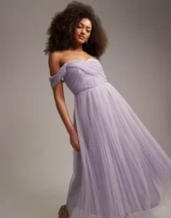ASOS DESIGN - Vestito Midi Da Damigella In Tulle Rosa Con Spalle Scoperte, Allacciatura Sul Retro E Gonna A Pieghe Lilla -Vendite ASOS Maternity || RIVER ISLAND || Monki 203973133 4