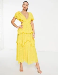 ASOS DESIGN Tall - Vestito Midi A Balze In Plumetis Giallo Con Inserto In Pizzo E Apertura Sul Retro -Vendite ASOS Maternity || RIVER ISLAND || Monki 203974181 3