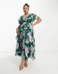 ASOS DESIGN Curve - Vestito Midi A Balze Verde E Lilla A Fiori In Con Inserto In Pizzo E Aperto Dietro