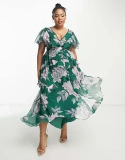ASOS DESIGN Curve - Vestito Midi A Balze Verde E Lilla A Fiori In Con Inserto In Pizzo E Aperto Dietro -Vendite ASOS Maternity || RIVER ISLAND || Monki 203974221 3