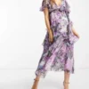 ASOS Maternity ASOS DESIGN Maternity - Vestito Midi A Balze Lilla Con Stampa A Fiori Grandi Aperto Dietro E Con Inserto In Pizzo