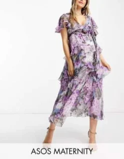 ASOS Maternity ASOS DESIGN Maternity - Vestito Midi A Balze Lilla Con Stampa A Fiori Grandi Aperto Dietro E Con Inserto In Pizzo