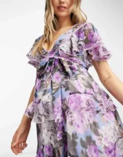 ASOS Maternity ASOS DESIGN Maternity - Vestito Midi A Balze Lilla Con Stampa A Fiori Grandi Aperto Dietro E Con Inserto In Pizzo -Vendite ASOS Maternity || RIVER ISLAND || Monki 203974301 3