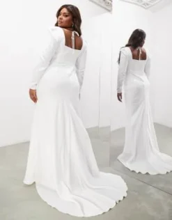 ASOS EDITION Curve - Gigi - Vestito Da Sposa A Maniche Lunghe Con Scollo Squadrato In Raso Avorio -Vendite ASOS Maternity || RIVER ISLAND || Monki 203976097 3