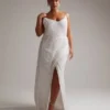 ASOS Edition Curve - Nia - Vestito Lungo Da Sposa Con Spalline Sottili, Drappeggio Laterale E Decorazioni Color Avorio