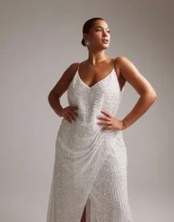 ASOS Edition Curve - Nia - Vestito Lungo Da Sposa Con Spalline Sottili, Drappeggio Laterale E Decorazioni Color Avorio -Vendite ASOS Maternity || RIVER ISLAND || Monki 203987510 4