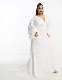 ASOS Edition Curve - Lennox - Vestito Da Sposa Con Maniche A Campana E Strascico Color Avorio Con Paillettes