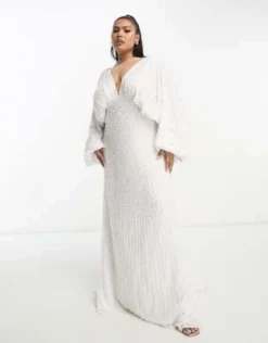 ASOS Edition Curve - Lennox - Vestito Da Sposa Con Maniche A Campana E Strascico Color Avorio Con Paillettes -Vendite ASOS Maternity || RIVER ISLAND || Monki 203987598 4