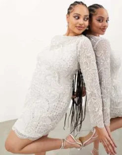 ASOS Edition Curve - Vestito Corto Avorio Con Bordi Ondulati E Decorazione Gioiello E Paillettes