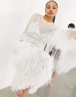 ASOS EDITION Curve - Vestito Midi A Maniche Lunghe Con Piume Sintetiche Sul Fondo E Cristalli Color Avorio -Vendite ASOS Maternity || RIVER ISLAND || Monki 203987724 3