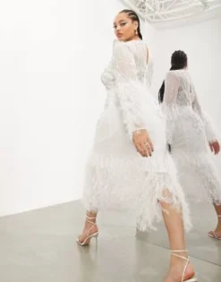 ASOS EDITION Curve - Vestito Midi A Maniche Lunghe Con Piume Sintetiche Sul Fondo E Cristalli Color Avorio -Vendite ASOS Maternity || RIVER ISLAND || Monki 203987724 4