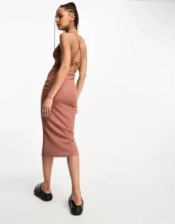 Miss Selfridge - Vestito Midi Allacciato Al Collo Color Caramello Con Lacci Sul Retro -Vendite ASOS Maternity || RIVER ISLAND || Monki 203989837 4