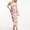 Hope & Ivy Maternity - Vestito Midi A Spalle Scoperte In Raso Con Stampa Fantasia A Fiori Rossi