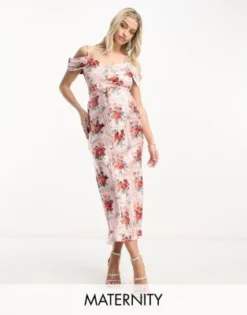 Hope & Ivy Maternity - Vestito Midi A Spalle Scoperte In Raso Con Stampa Fantasia A Fiori Rossi