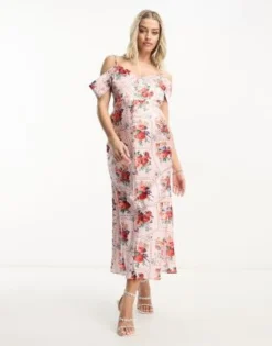 Hope & Ivy Maternity - Vestito Midi A Spalle Scoperte In Raso Con Stampa Fantasia A Fiori Rossi -Vendite ASOS Maternity || RIVER ISLAND || Monki 203990928 4