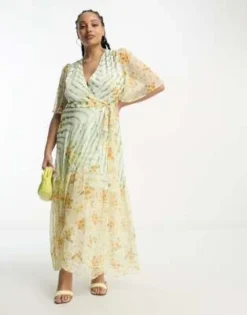 Hope & Ivy Plus - Vestito Lungo A Portafoglio Verde A Fiori A Contrasto Con Maniche Con Volant -Vendite ASOS Maternity || RIVER ISLAND || Monki 203995004 4