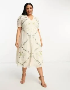 Hope & Ivy Plus - Vestito Midi Color Crema Con Ricami A Fiori E Bottoni Frontali -Vendite ASOS Maternity || RIVER ISLAND || Monki 203995021 4