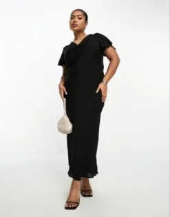 ASOS DESIGN Curve - Vestito Midi Nero Con Scollo Ad Anello E Maniche Con Volant