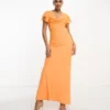 ASOS DESIGN Tall - Vestito Lungo Arancione Acceso Con Scollo Ad Anello E Maniche Con Volant