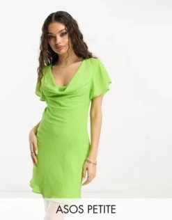 ASOS DESIGN Petite - Vestito Corto Verde Con Scollo Ad Anello E Manica Con Volant