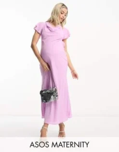 ASOS Maternity ASOS DESIGN Maternity - Vestito Midi Lilla Con Scollo Ad Anello E Maniche Con Volant