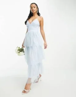 Vila Petite - Vestito Lungo Da Damigella In Tulle E Plumetis A Balze Blu -Vendite ASOS Maternity || RIVER ISLAND || Monki 204006819 4