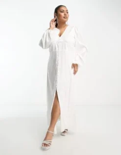Vila Curve - Vestito Lungo Da Sposa Bianco Jacquard Con Bottoni E Maniche A Palloncino -Vendite ASOS Maternity || RIVER ISLAND || Monki 204007000 4