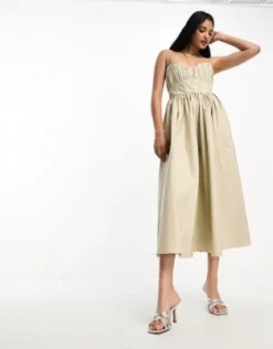 ASOS DESIGN - Vestito Midi Per Il Ballo Di Fine Anno In Cotone Strutturato Con Dettaglio Stile Corsetto Color Pietra