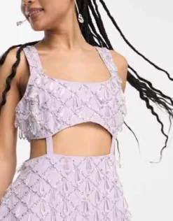 ASOS DESIGN Petite - Vestito Corto In Twill Lilla Con Gemme E Cut-out In Vita -Vendite ASOS Maternity || RIVER ISLAND || Monki 204011782 3